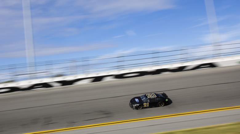 The No. 21 Wood Brothers Racing Ford drives during NASCAR testing at Daytona International Speedway.