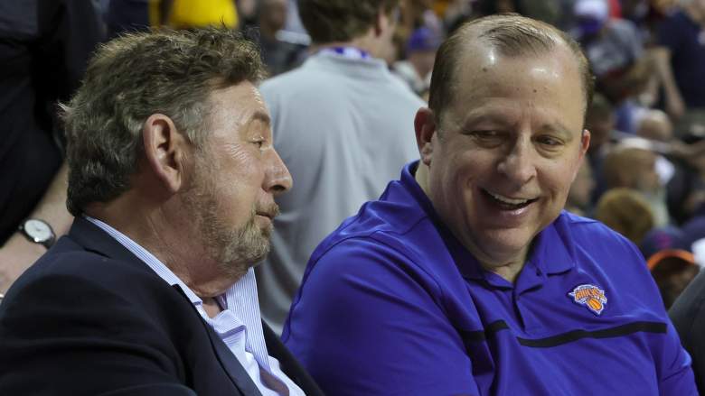 New York Knicks owner James Dolan, left, sits courtside with then-head coach Tom Thibodeau during an NBA game.