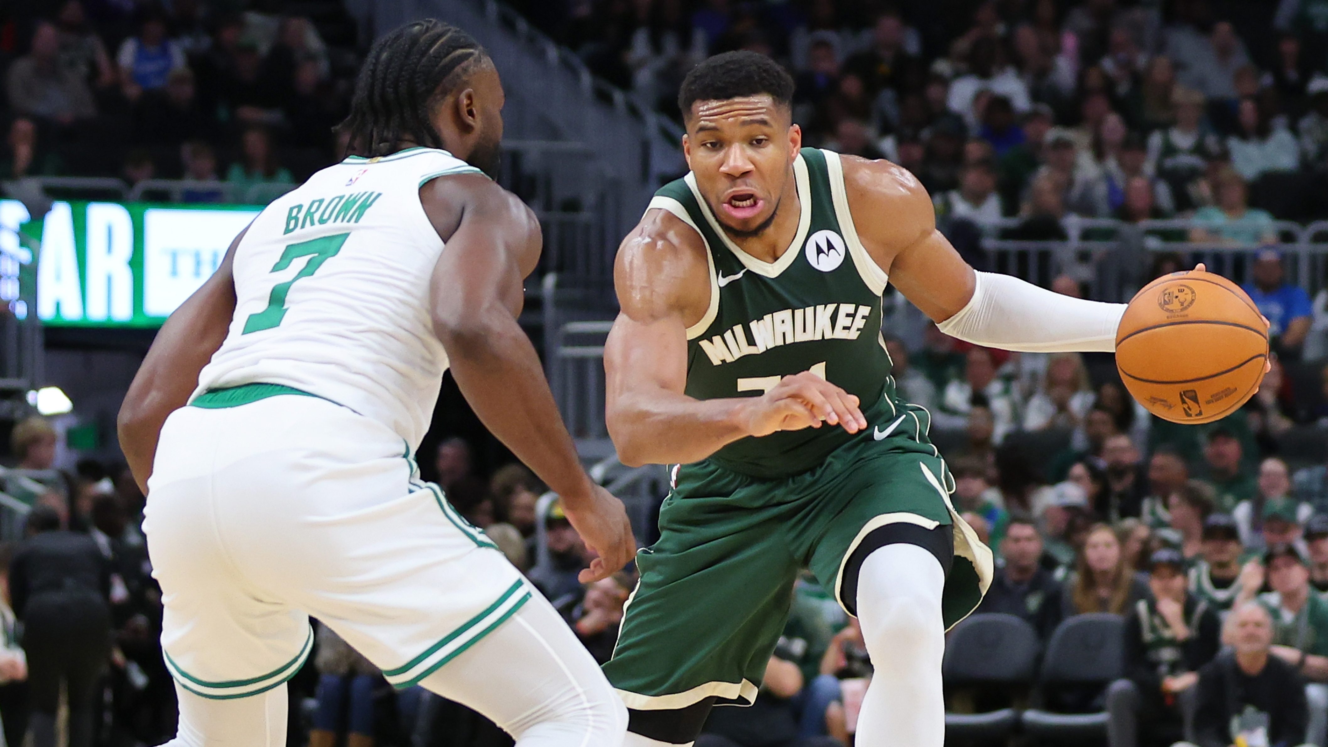 Jaylen Brown and Giannis Antetokounmpo.