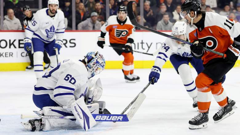 Travis Konecny #11 of the Philadelphia Flyers scores a goal past Joseph Woll #60 of the Toronto Maple Leafs during the second period at the Wells Fargo Center on January 07, 2025 in Philadelphia, Pennsylvania.