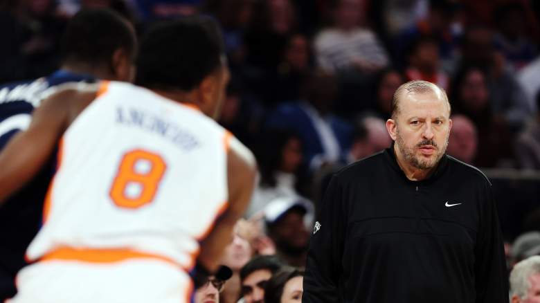 Former New York Knicks coach Tom Thibodeau watches from the sideline during an NBA game at Madison Square Garden.