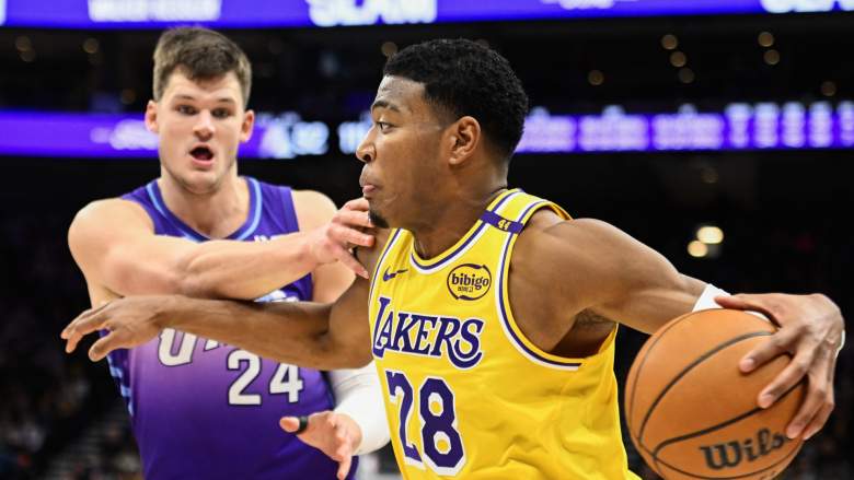 Walker Kessler defends Rui Hachimura during a Lakers-Jazz game as Los Angeles monitors the Utah center ahead of free agency.