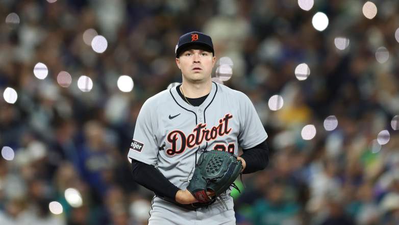 Tarik Skubal #29 of the Detroit Tigers warms up against the Seattle Mariners during the seventh inning in game two of the Division Series at T-Mobile Park on October 05, 2025 in Seattle, Washington.