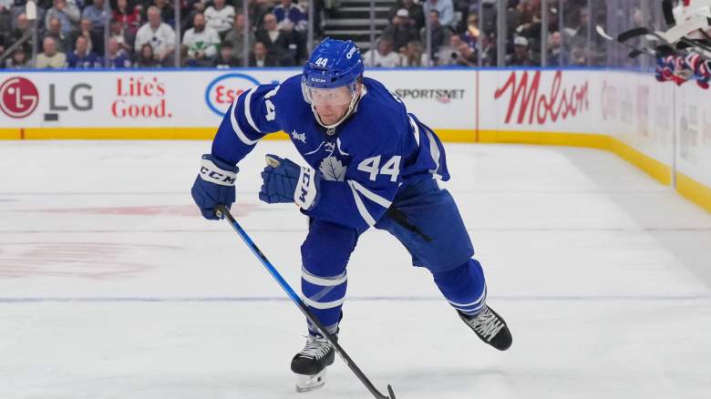 Morgan Rielly #44 of the Toronto Maple Leafs skates against the Montreal Canadiens at Scotiabank Arena on October 08, 2025 in Toronto, Ontario, Canada.