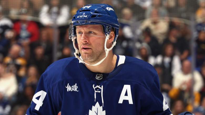 Morgan Rielly #44 of the Toronto Maple Leafs skates against the Boston Bruins at Scotiabank Arena on November 08, 2025 in Toronto, Ontario, Canada.