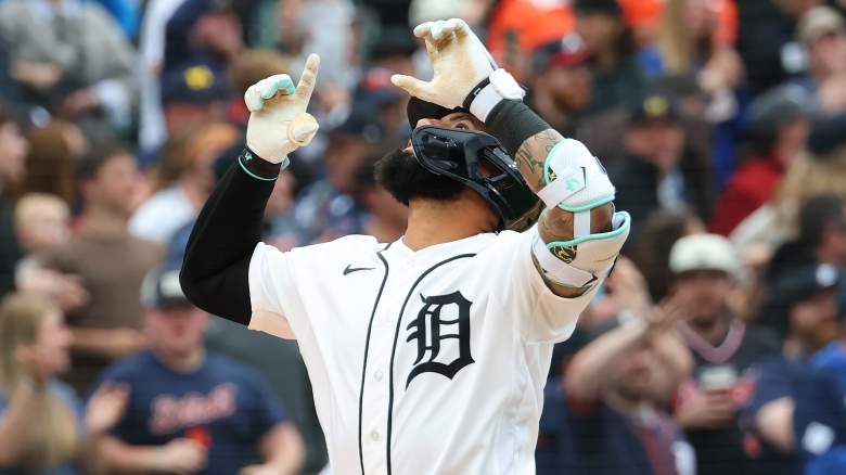 Gleyber Torres #25 of the Detroit Tigers celebrates his solo home run in the seventh inning against the St. Louis Cardinals at Comerica Park on April 04, 2026 in Detroit, Michigan.