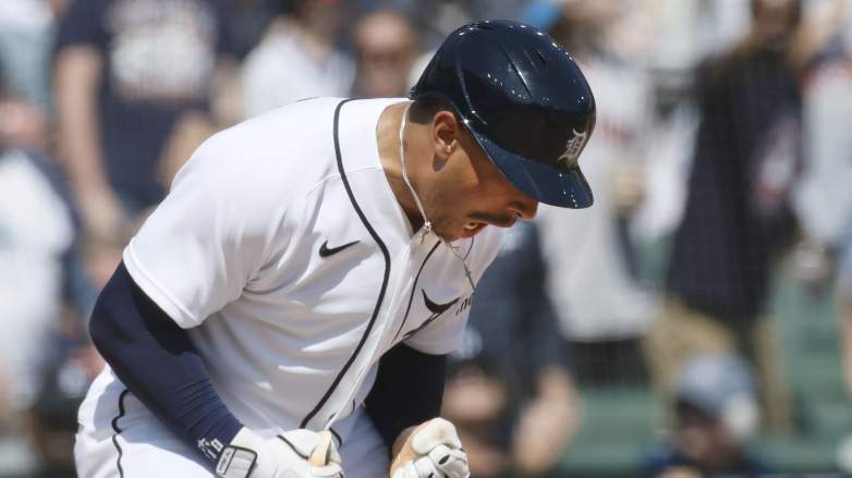 Jahmai Jones #18 of the Detroit Tigers reacts after crossing home plate after hitting a solo home run to tie the game against the Milwaukee Brewers during the eighth inning at Comerica Park on April 23, 2026 in Detroit, Michigan.
