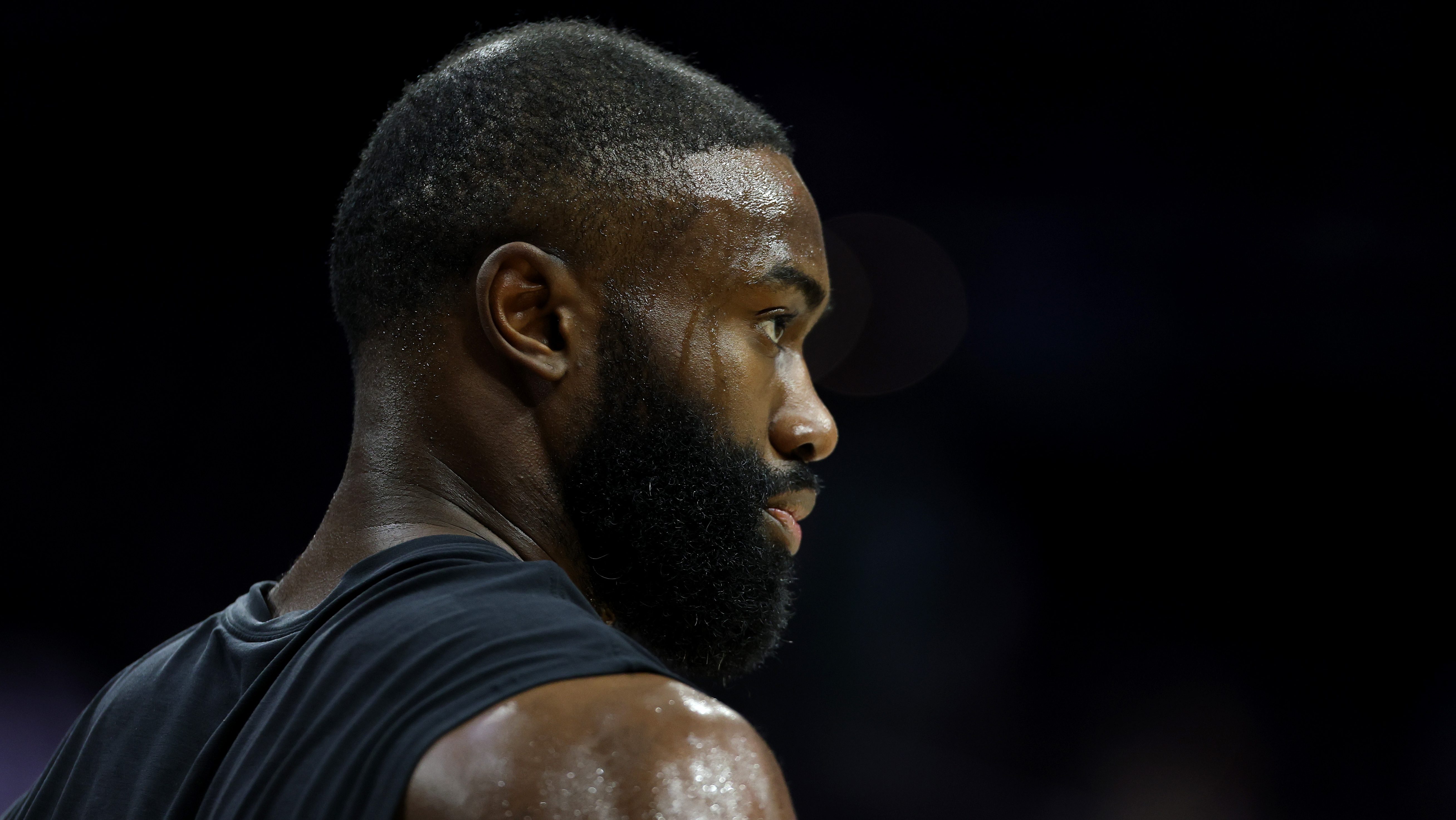 Boston Celtics star Jaylen Brown looks on during a game as trade speculation continues around his future with the franchise.