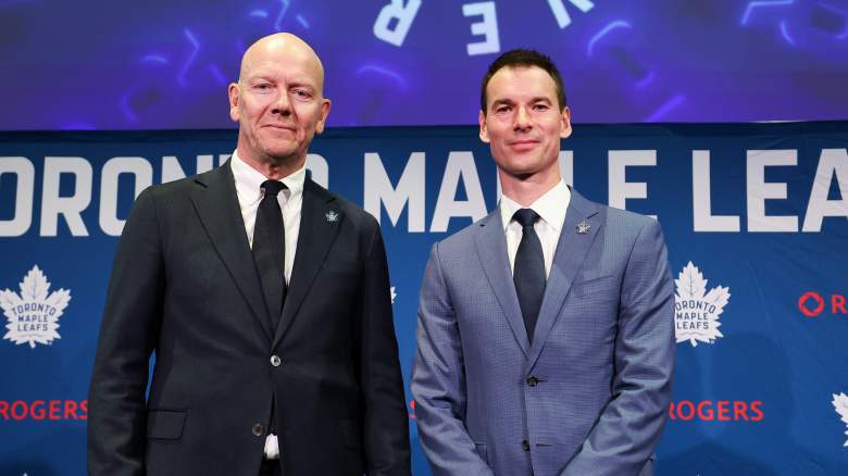 Mats Sundin, Senior Executive Advisor of Hockey Operations, and John Chayka, General Manager of the Toronto Maple Leafs pose for a photo at a press conference announcing their hiring at Real Sports Bar & Grill on May 4, 2026 in Toronto, Ontario, Canada.