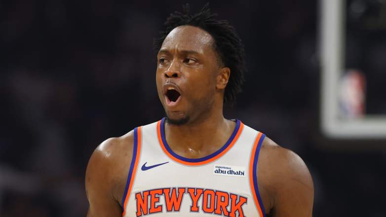 OG Anunoby reacts during the New York Knicks' historic Game 4 comeback victory over the San Antonio Spurs in the 2026 NBA Finals at Madison Square Garden.