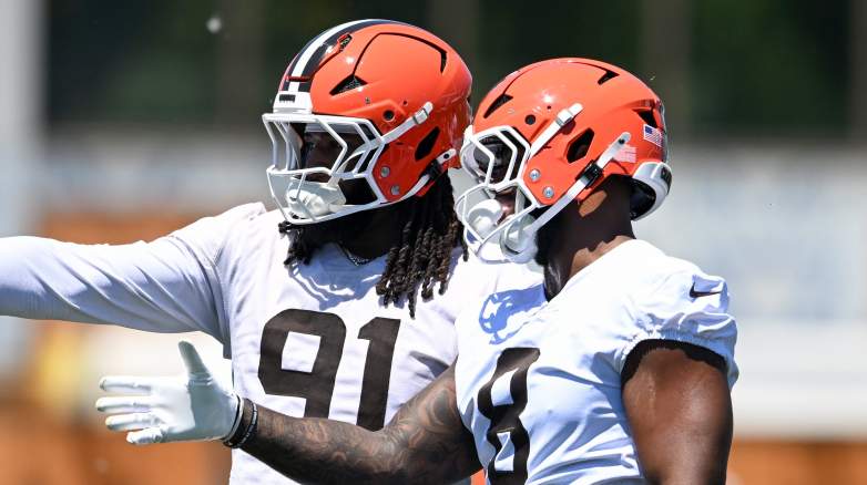 Browns defensive ends Alex Wright and Jared Verse.