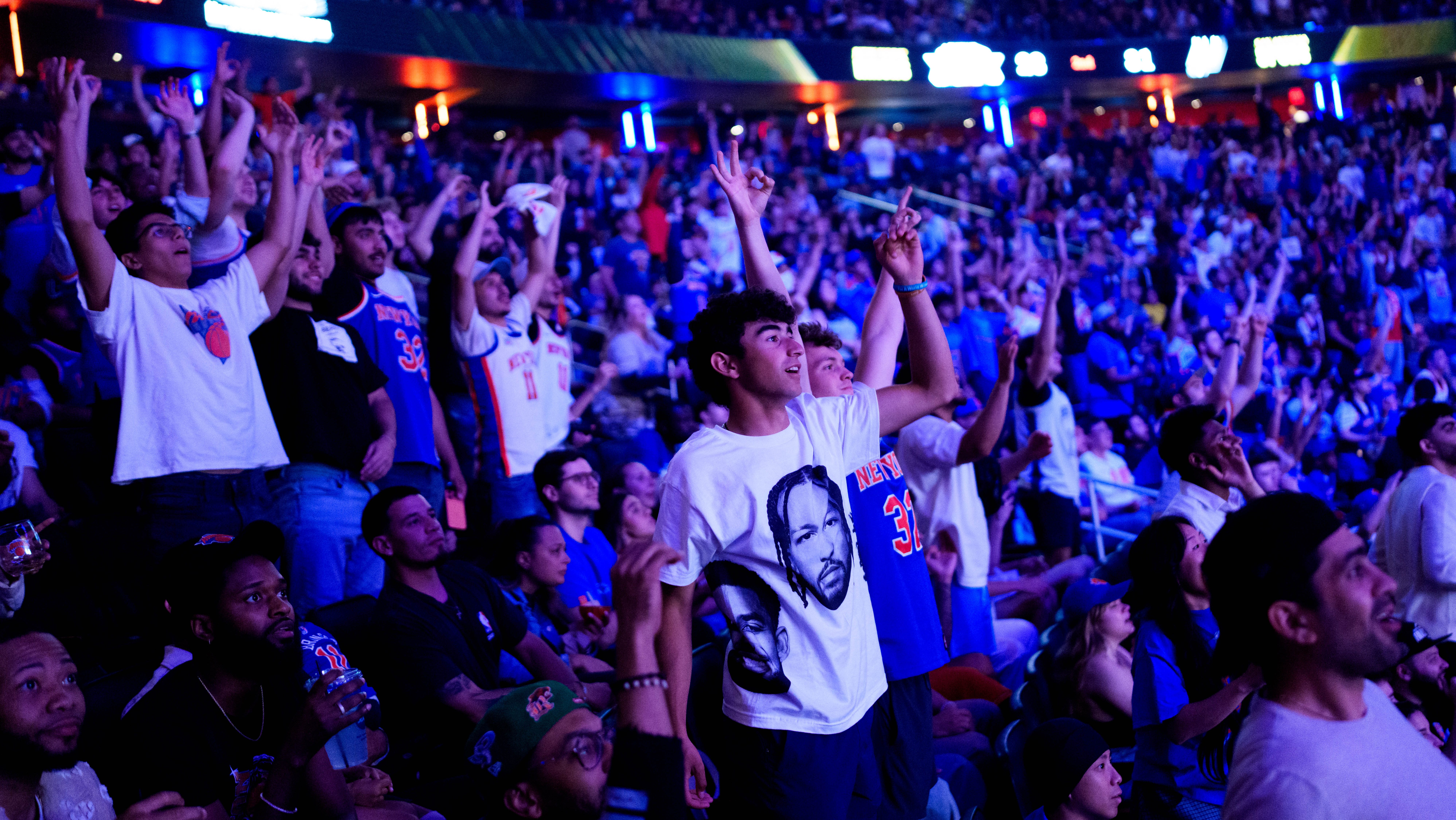 Knicks fans react during Game 1 of the 2026 NBA Finals between New York and San Antonio.