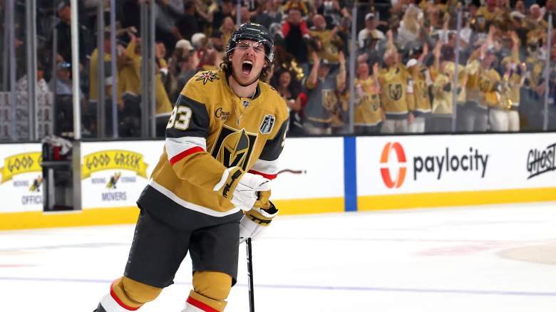 Mitch Marner #93 of the Vegas Golden Knights celebrates after scoring his second goal against the Carolina Hurricanes during the second period in Game Three of the 2026 Stanley Cup Final at T-Mobile Arena on June 06, 2026 in Las Vegas, Nevada.