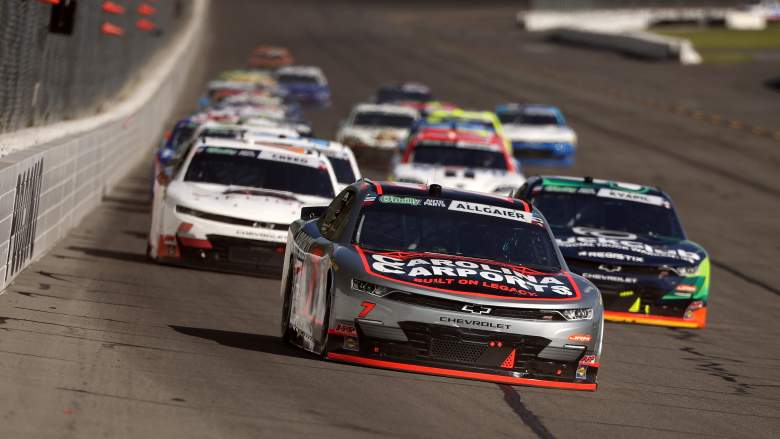 Justin Allgaier leads the field during the NASCAR O'Reilly Series race at Pocono Raceway.