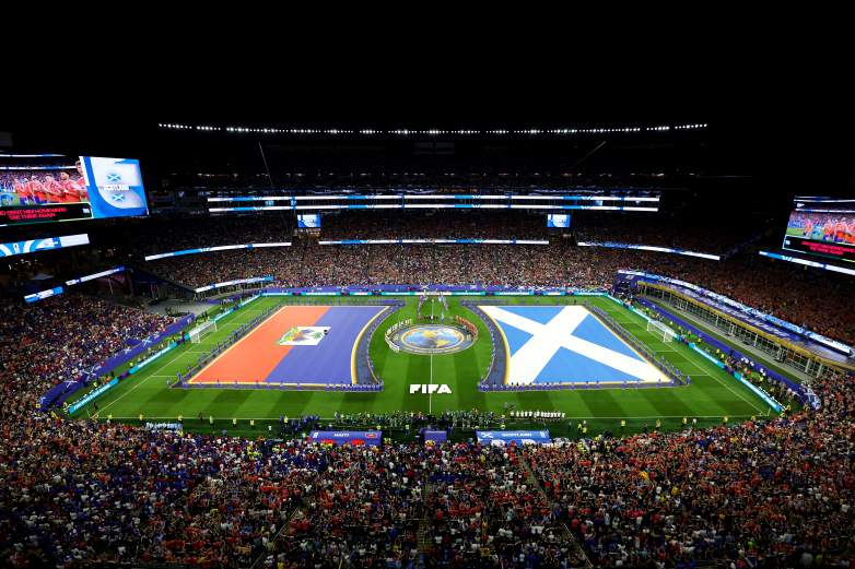 Players and match officials line up before the FIFA World Cup 2026 Group C match between Haiti and Scotland at Boston Stadium on June 13, 2026 in Foxborough, Massachusetts.