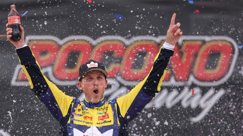 Denny Hamlin wins the NASCAR Cup Series race at Pocono Raceway.