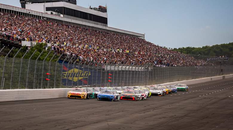 The NASCAR Cup Series field races at Pocono Raceway during the Great American Getaway 400.