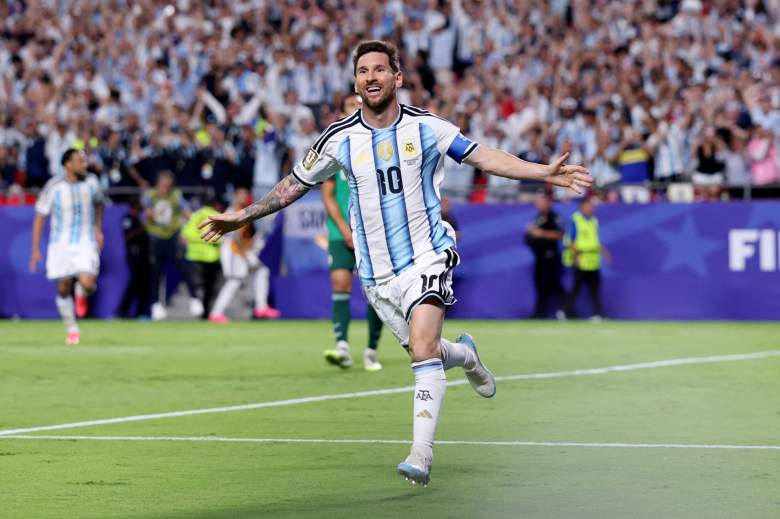 Lionel Messi celebrates after scoring during Argentina's World Cup match against Algeria in Kansas City.