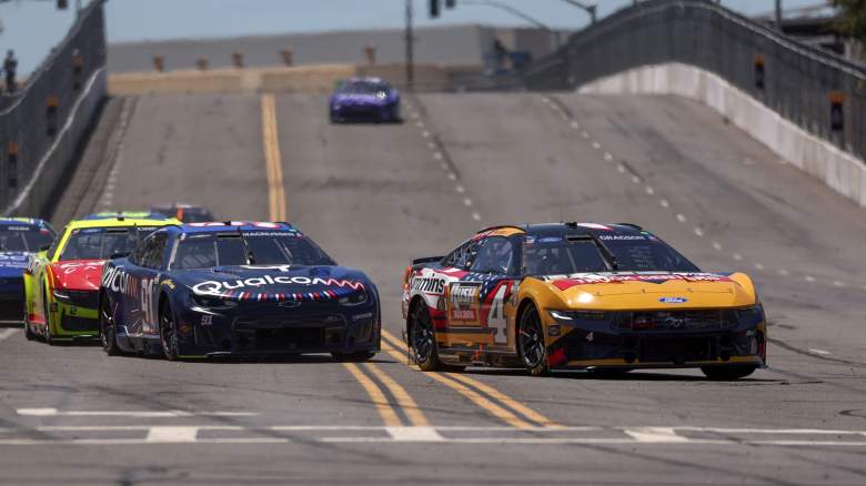 Noah Gragson and Kevin Magnussen race side-by-side during the NASCAR Cup Series Anduril 250 at Naval Base Coronado in San Diego.