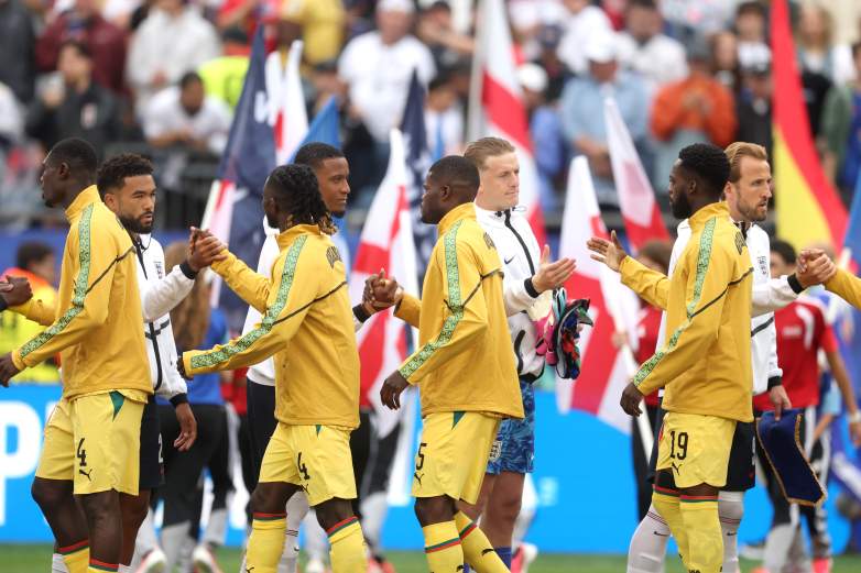 Ezri Konsa #2 of England shakes hands with Thomas Partey #5 of Ghana prior to the FIFA World Cup 2026 Group L match between England and Ghana at Boston Stadium on June 23, 2026 in Foxborough, Massachusetts.