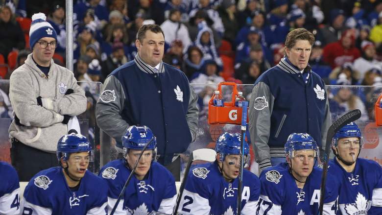 Head coach Mike Babcock and assistant coach D.J. Smith of the Toronto Maple Leafs watch the action against the Detroit Red Wings during the 2017 Scotiabank NHL Centennial Classic at BMO Field On January 1, 2017 in Toronto, Ontario, Canada. The Maple Leafs defeated the Red Wings 5-4 in overtime.