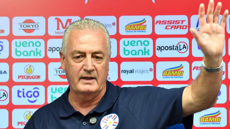 Coach of Paraguay, Gustavo Alfaro, gestures.