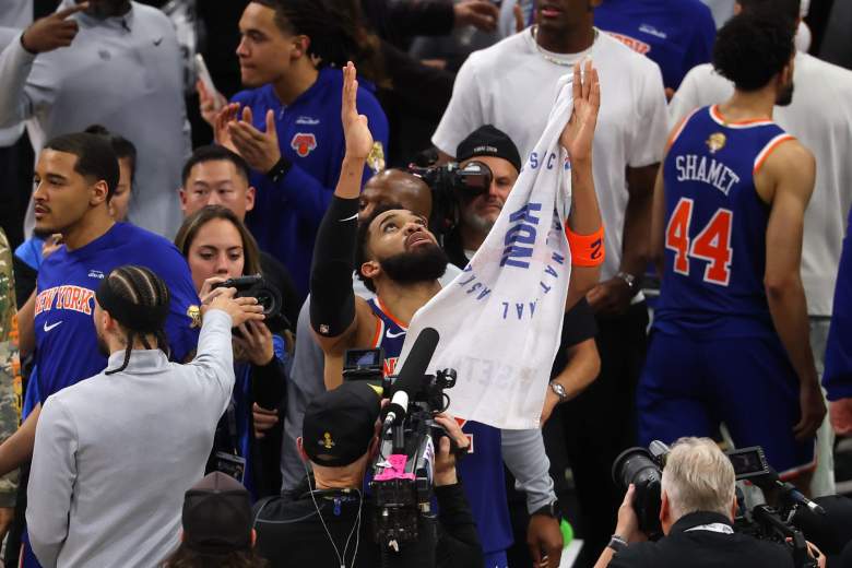 Karl-Anthony Towns looks toward the sky after the Knicks’ Game 2 NBA Finals victory over the Spurs.