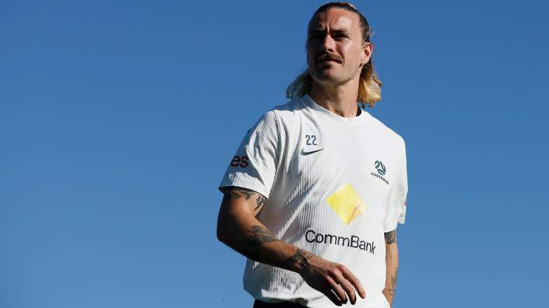 Jackson Irvine #22 of Australia looks on.