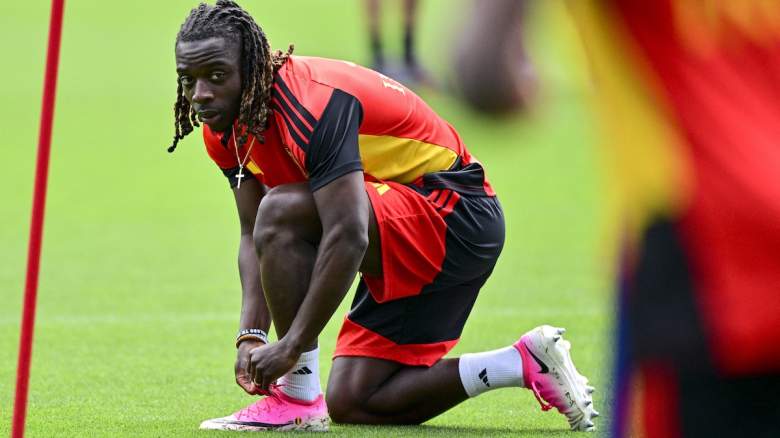 Belgium's Jeremy Doku pictured during a training session.