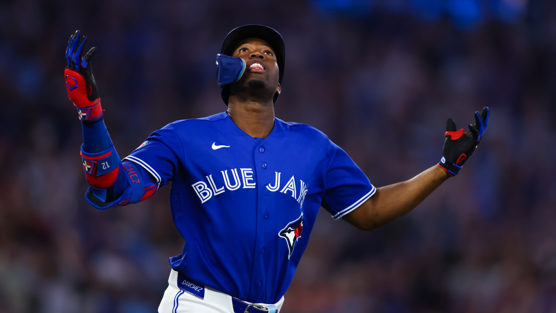 Jes&uacute;s S&aacute;nchez #12 of the Toronto Blue Jays reacts after hitting a grand slam home run in the sixth inning of their MLB game against the Miami Marlins at Rogers Centre on May 26, 2026 in Toronto, Ontario, Canada. (Photo by Cole Burston/Getty Images)