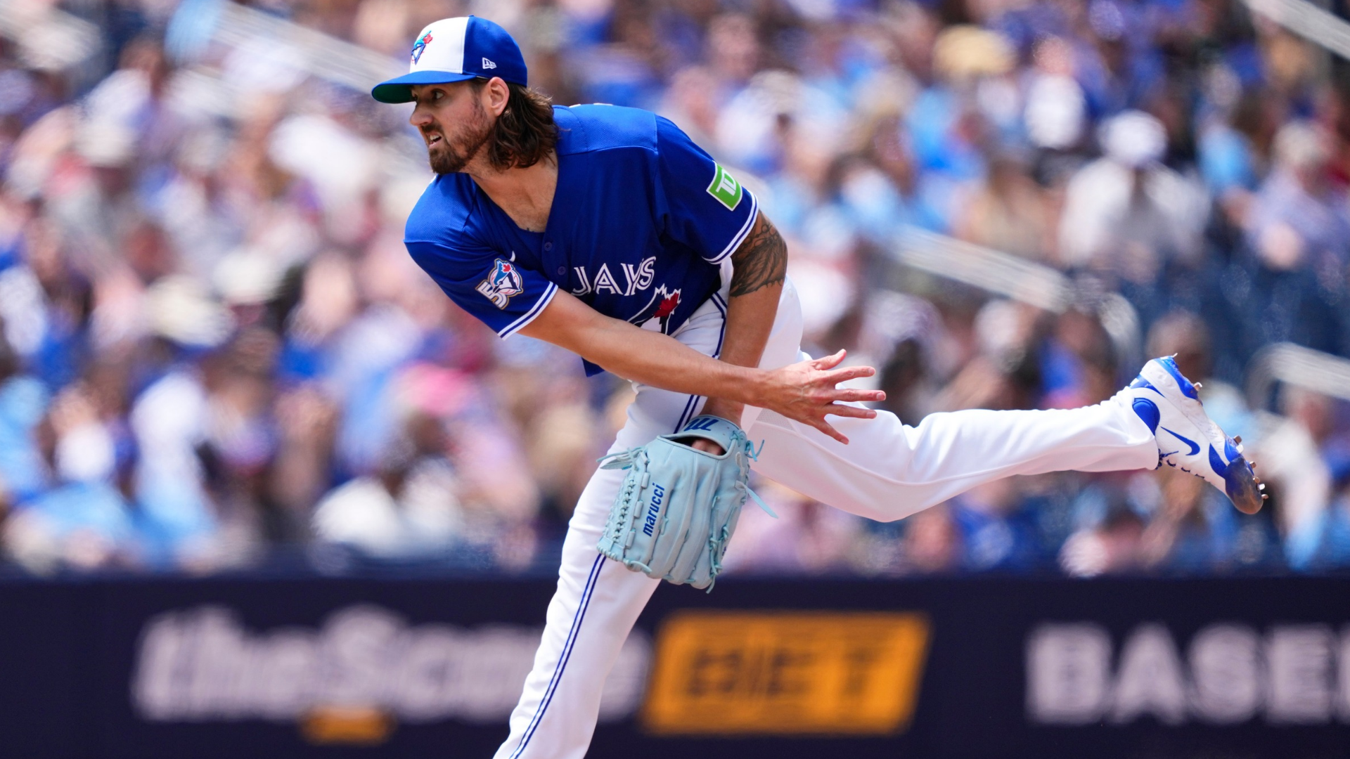 Kevin Gausman #34 of the Toronto Blue Jays pitches against the Miami Marlins during the second inning in their MLB game at the Rogers Centre on May 27, 2026 in Toronto, Ontario, Canada. (Photo by Mark Blinch/Getty Images)