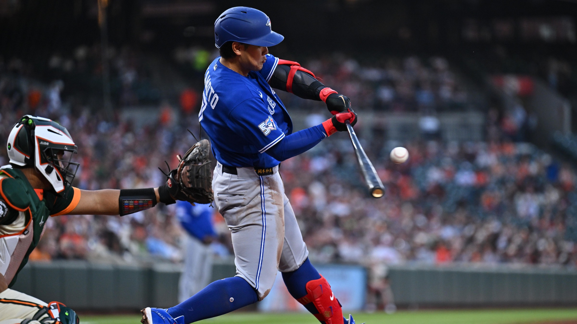 Kazuma Okamoto #7 of the Toronto Blue Jays bats in the fourth inning against the Baltimore Orioles at Oriole Park at Camden Yards on May 29, 2026 in Baltimore, Maryland. (Photo by Jamie Sabau/Getty Images)