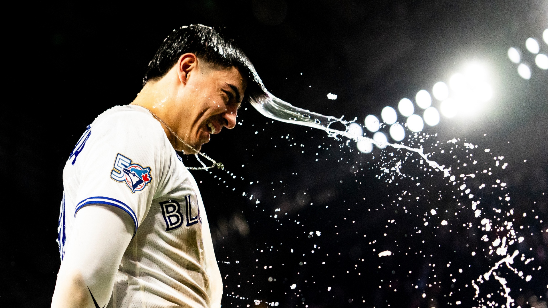 Brandon Valenzuela #59 of the Toronto Blue Jays is soaked with BodyArmor after defeating the Los Angeles Angels at Rogers Centre on May 9, 2026 in Toronto, Canada. (Photo by Kevin Sousa/Getty Images)