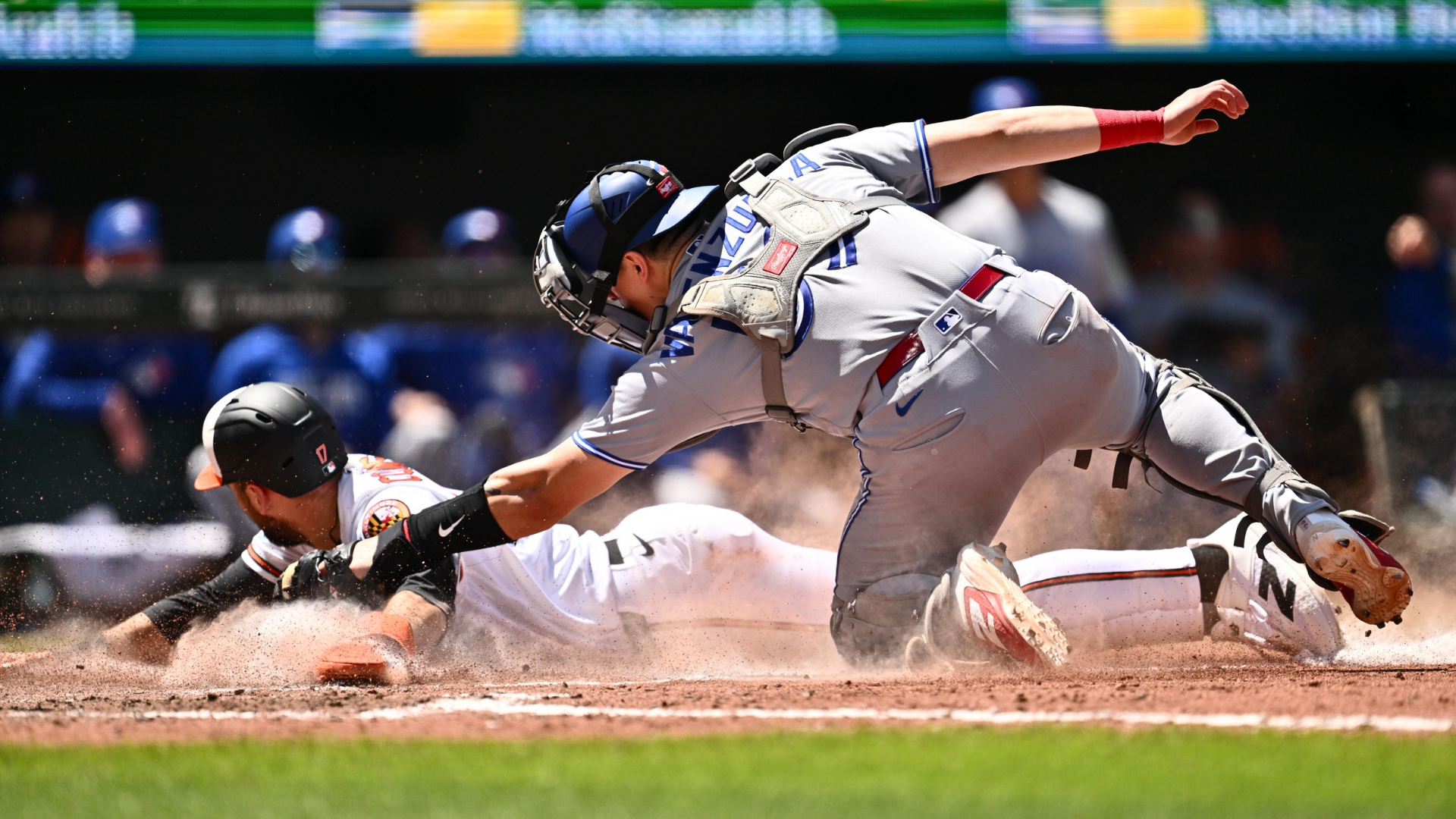 Catcher Brandon Valenzuela #59 of the Toronto Blue Jays tags out Colton Cowser #17 of the Baltimore Orioles at home plate in the seventh inning at Oriole Park at Camden Yards on May 31, 2026 in Baltimore, Maryland. (Photo by Jamie Sabau/Getty Images)