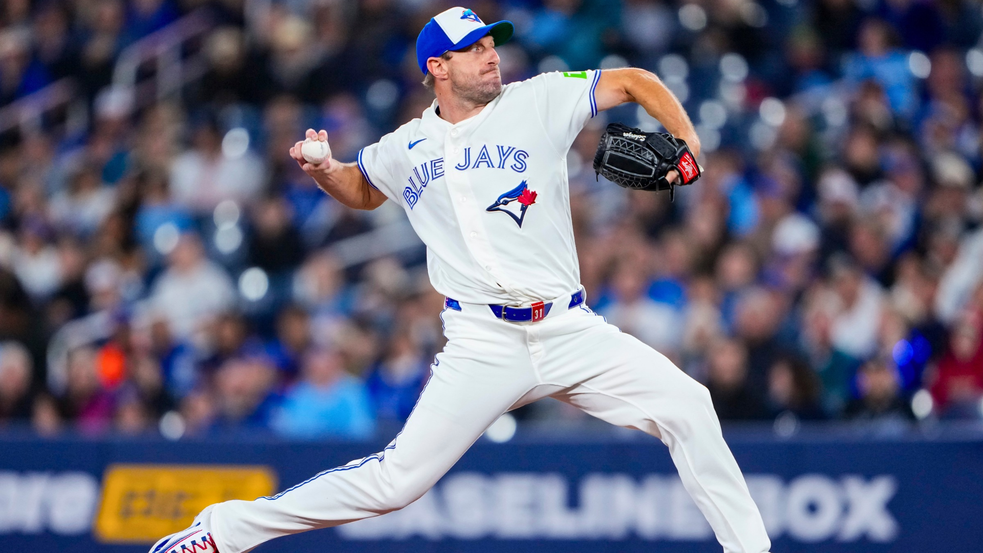 Max Scherzer #31 of the Toronto Blue Jays pitches to the Los Angeles Dodgers during the first inning in their MLB game at the Rogers Centre on April 6, 2026 in Toronto, Ontario, Canada. (Photo by Mark Blinch/Getty Images)