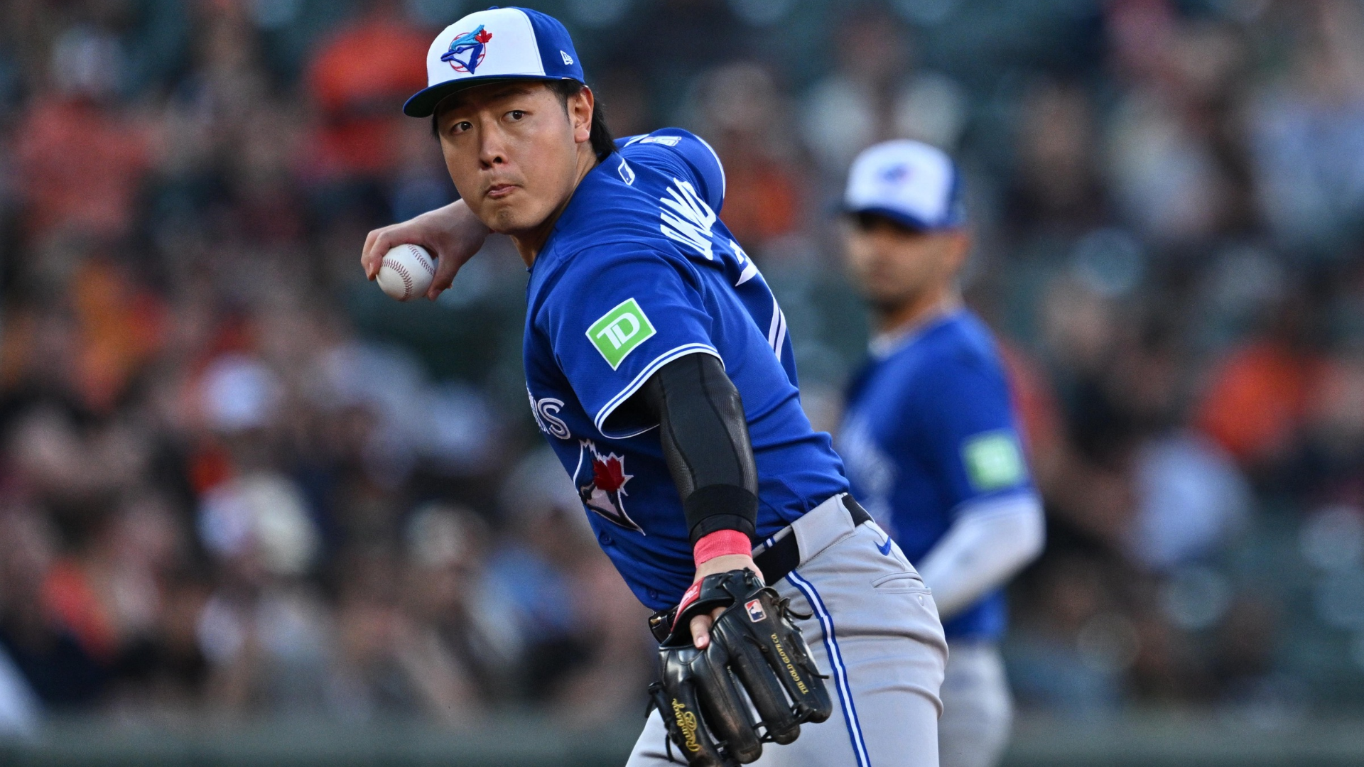 Kazuma Okamoto #7 of the Toronto Blue Jays throws to first base in the second inning against the Baltimore Orioles at Oriole Park at Camden Yards on May 28, 2026 in Baltimore, Maryland. (Photo by Jamie Sabau/Getty Images)