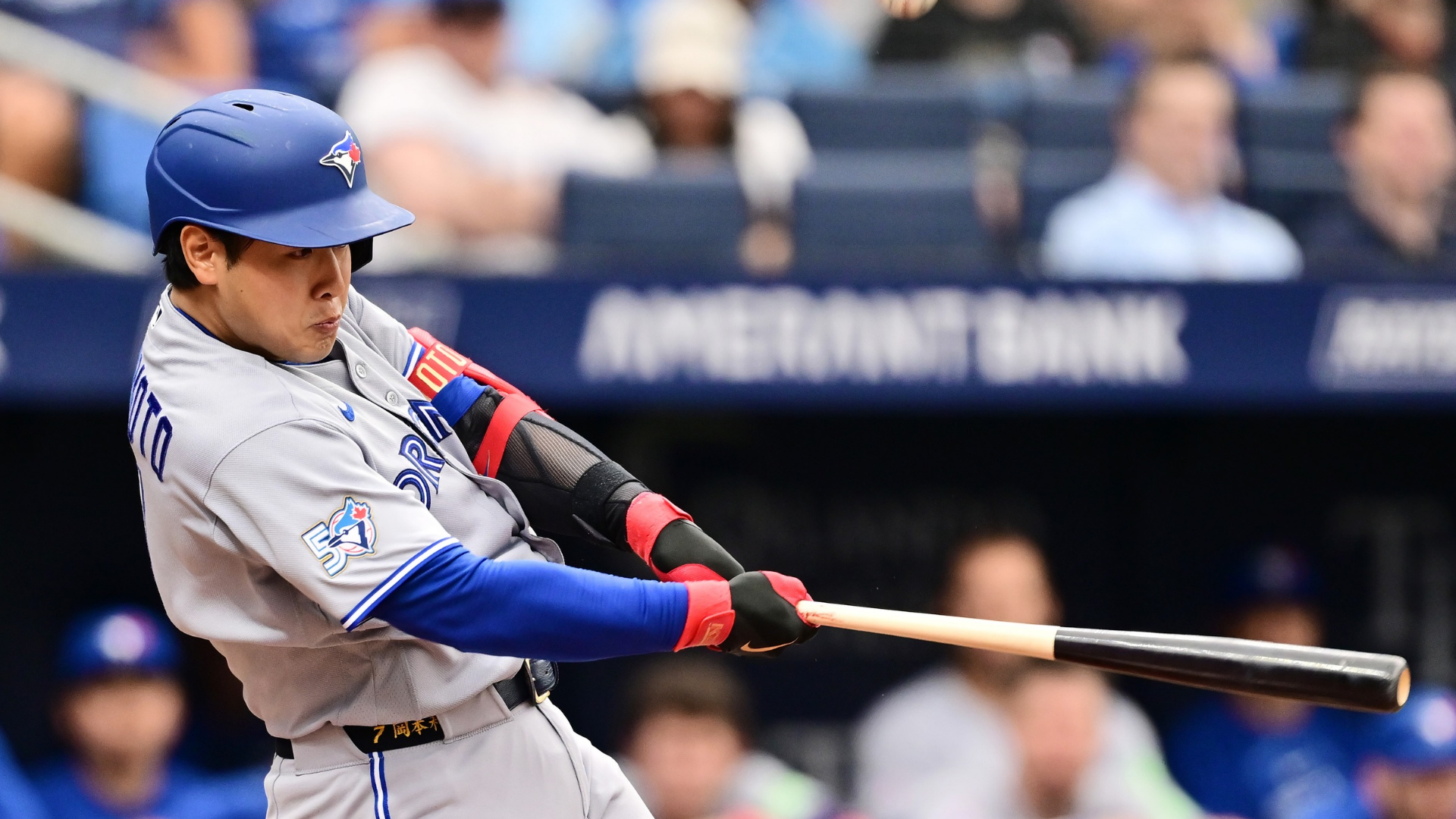 Kazuma Okamoto #7 of the Toronto Blue Jays hits in the eighth inning against the Tampa Bay Rays at Tropicana Field on May 06, 2026 in St Petersburg, Florida. (Photo by Julio Aguilar/Getty Images)