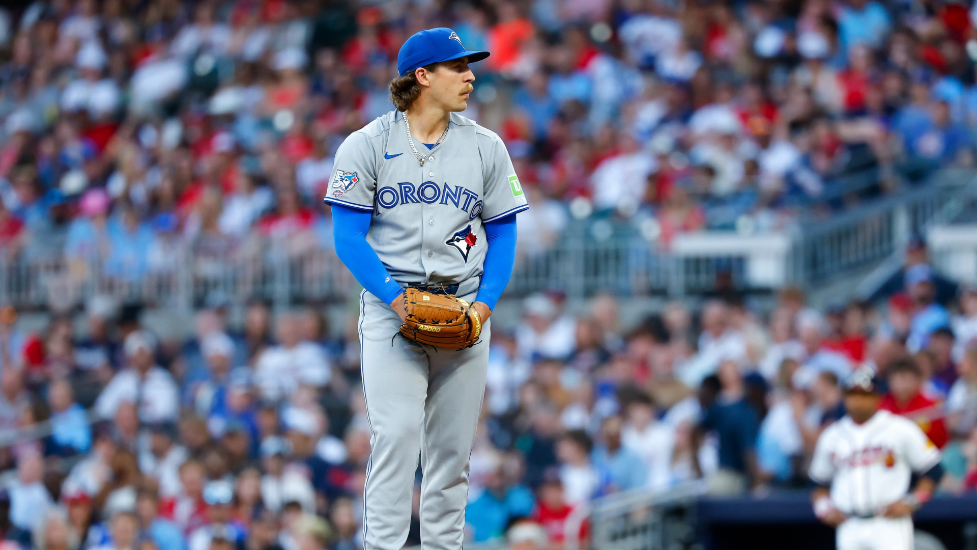Chad Dallas #37 of the Toronto Blue Jays pitches during the third inning against the Atlanta Braves at Truist Park on June 4, 2026 in Atlanta, Georgia. (Photo by Todd Kirkland/Getty Images)