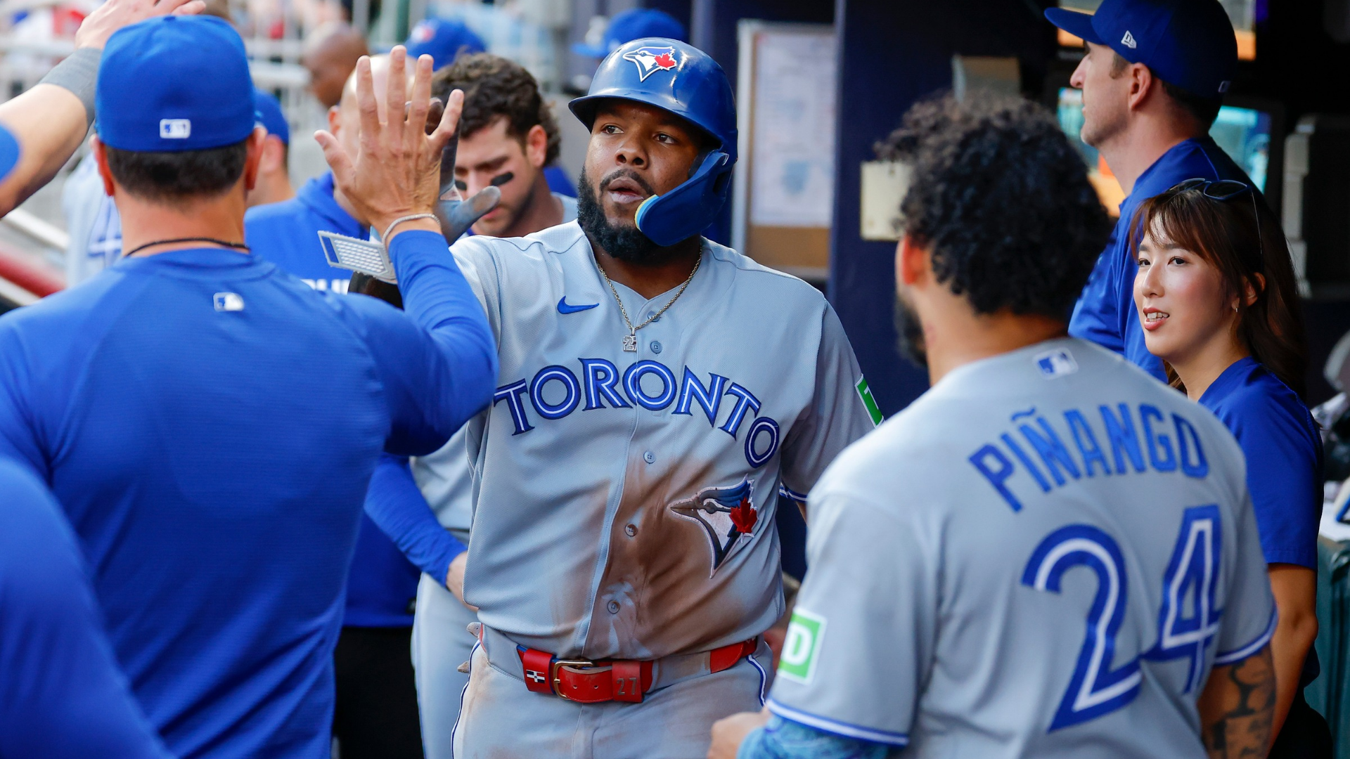 Vladimir Guerrero Jr. #27 of the Toronto Blue Jays reacts after scoring during the third inning against the Atlanta Braves at Truist Park on June 4, 2026 in Atlanta, Georgia. (Photo by Todd Kirkland/Getty Images)