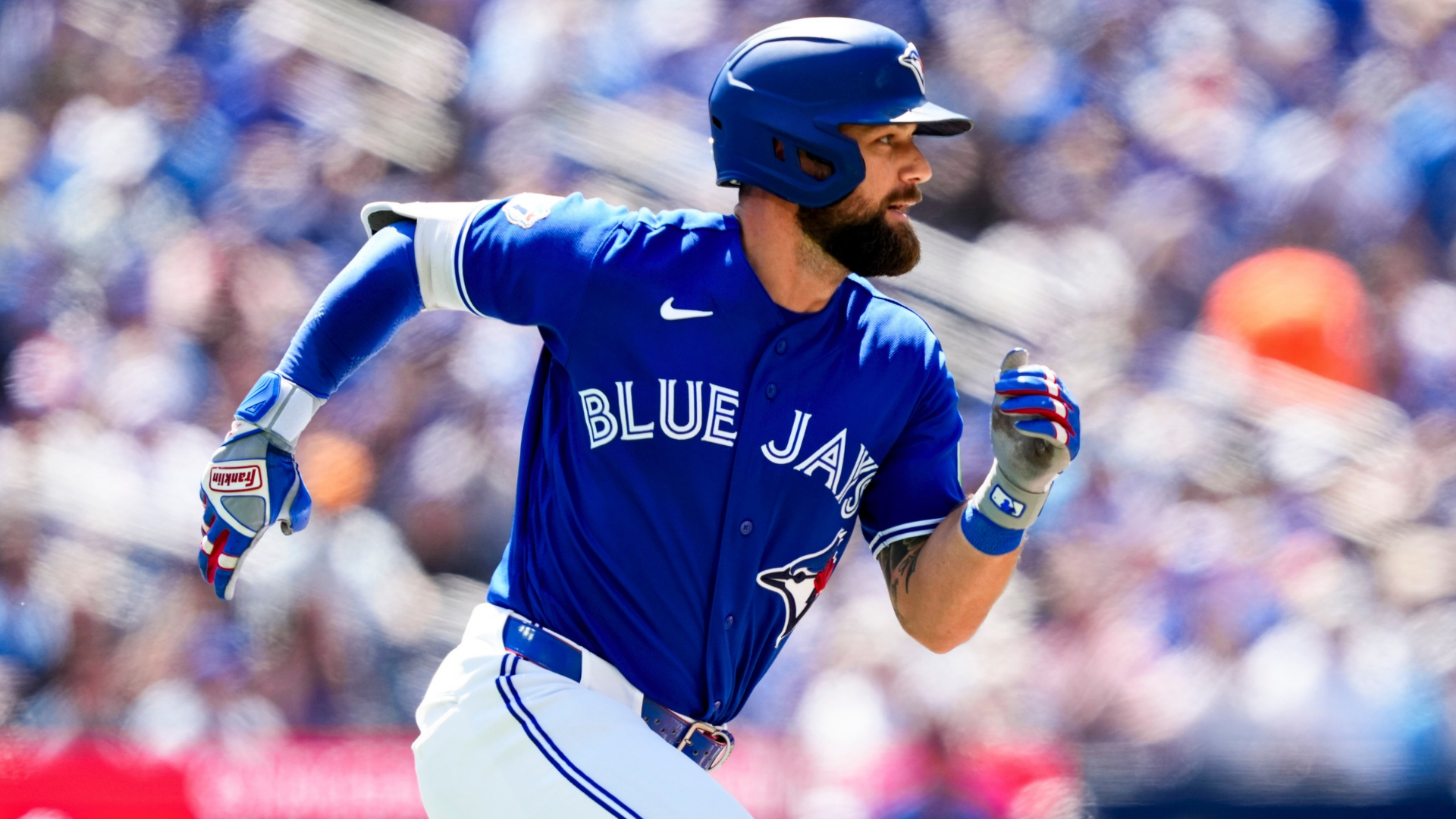 Nathan Lukes #38 of the Toronto Blue Jays runs the bases on his RBI double against the Miami Marlins during the fifth inning in their MLB game at the Rogers Centre on May 27, 2026 in Toronto, Ontario, Canada. (Photo by Mark Blinch/Getty Images)
