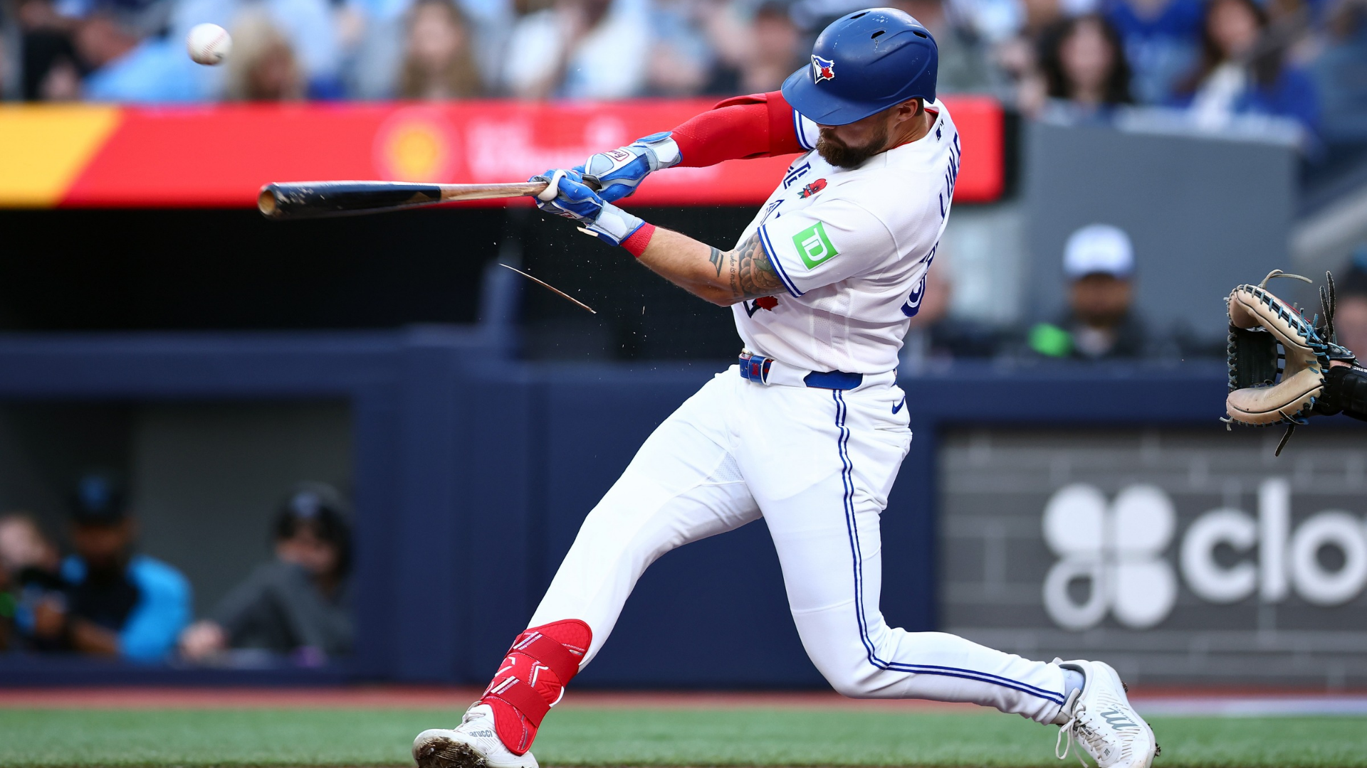 Nathan Lukes #38 of the Toronto Blue Jays hits a single in the first inning during the game against the Miami Marlins at Rogers Centre on May 25, 2026 in Toronto, Ontario, Canada. (Photo by Vaughn Ridley/Getty Images)
