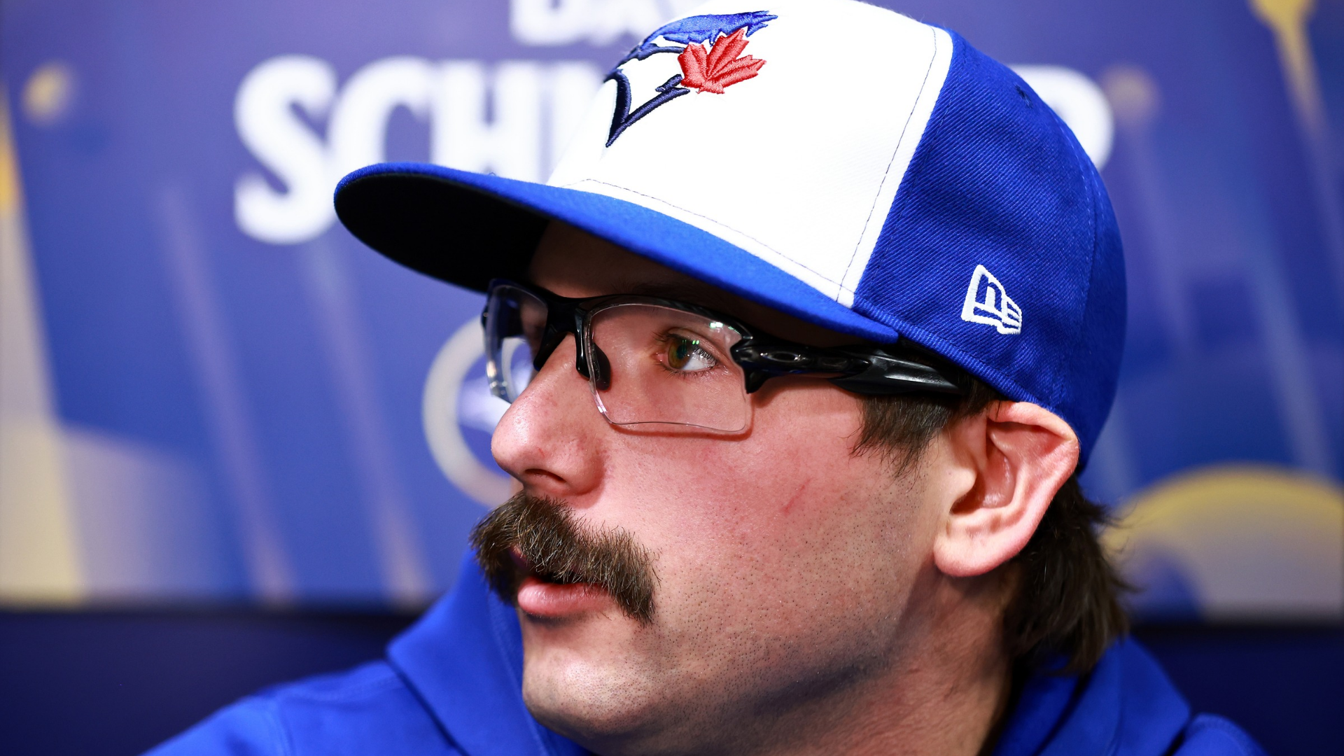Davis Schneider #36 of the Toronto Blue Jays speaks to the media during World Series Workout Day at Rogers Centre on October 23, 2025 in Toronto, Ontario, Canada. (Photo by Vaughn Ridley/Getty Images)