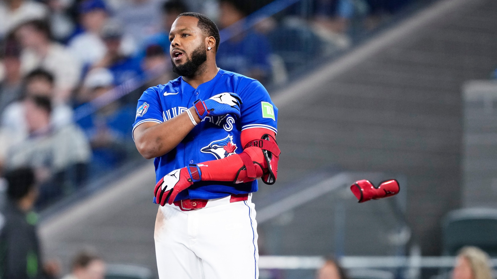 Vladimir Guerrero Jr. #27 of the Toronto Blue Jays reacts to striking out against the Tampa Bay Rays during the first inning in their MLB game at the Rogers Centre on May 11, 2026 in Toronto, Ontario, Canada. (Photo by Mark Blinch/Getty Images)