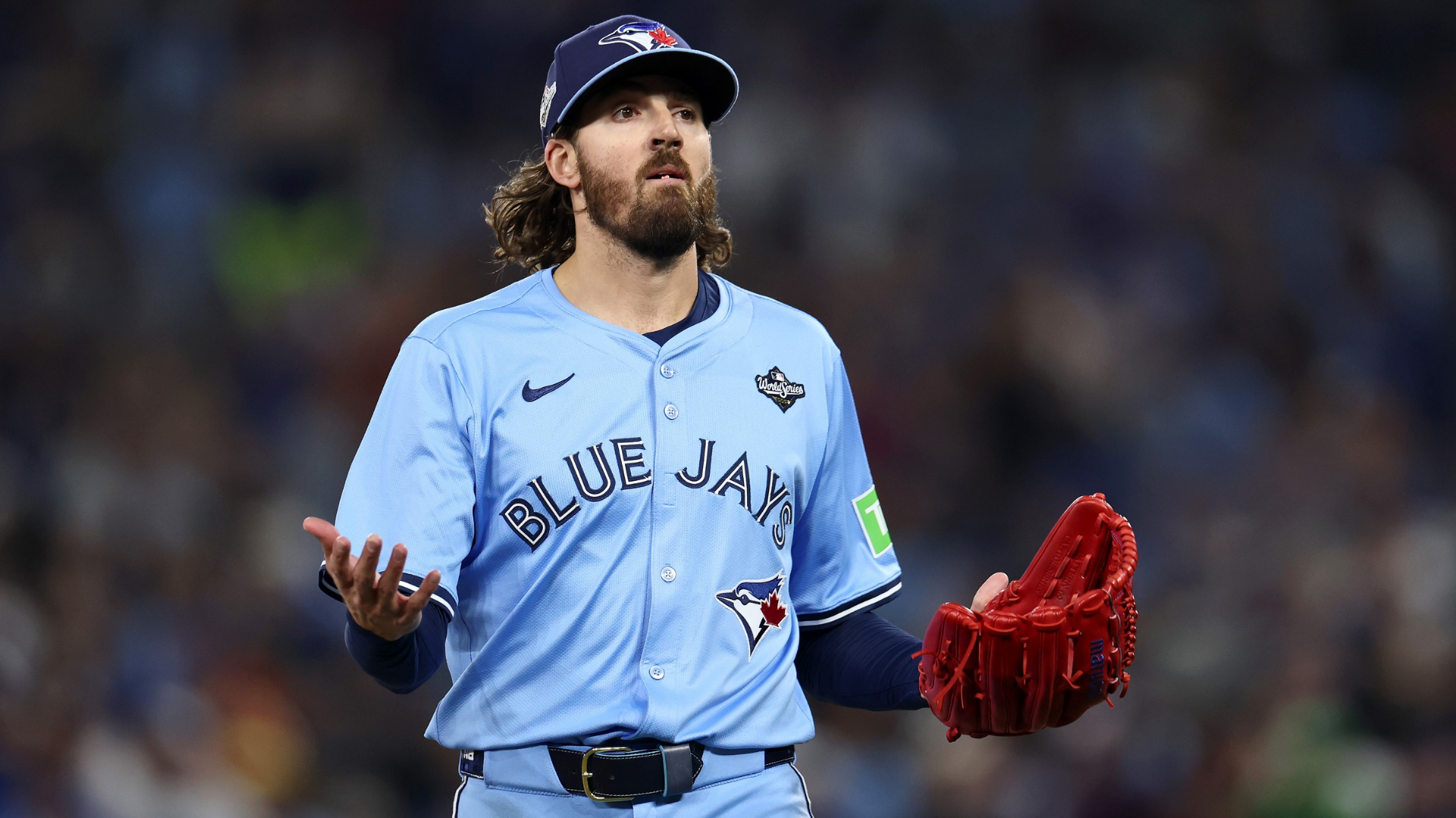 Kevin Gausman #34 of the Toronto Blue Jays reacts following the top of the sixth inning against the Los Angeles Dodgers in game six of the 2025 World Series at Rogers Center on October 31, 2025 in Toronto, Ontario. (Photo by Emilee Chinn/Getty Images)