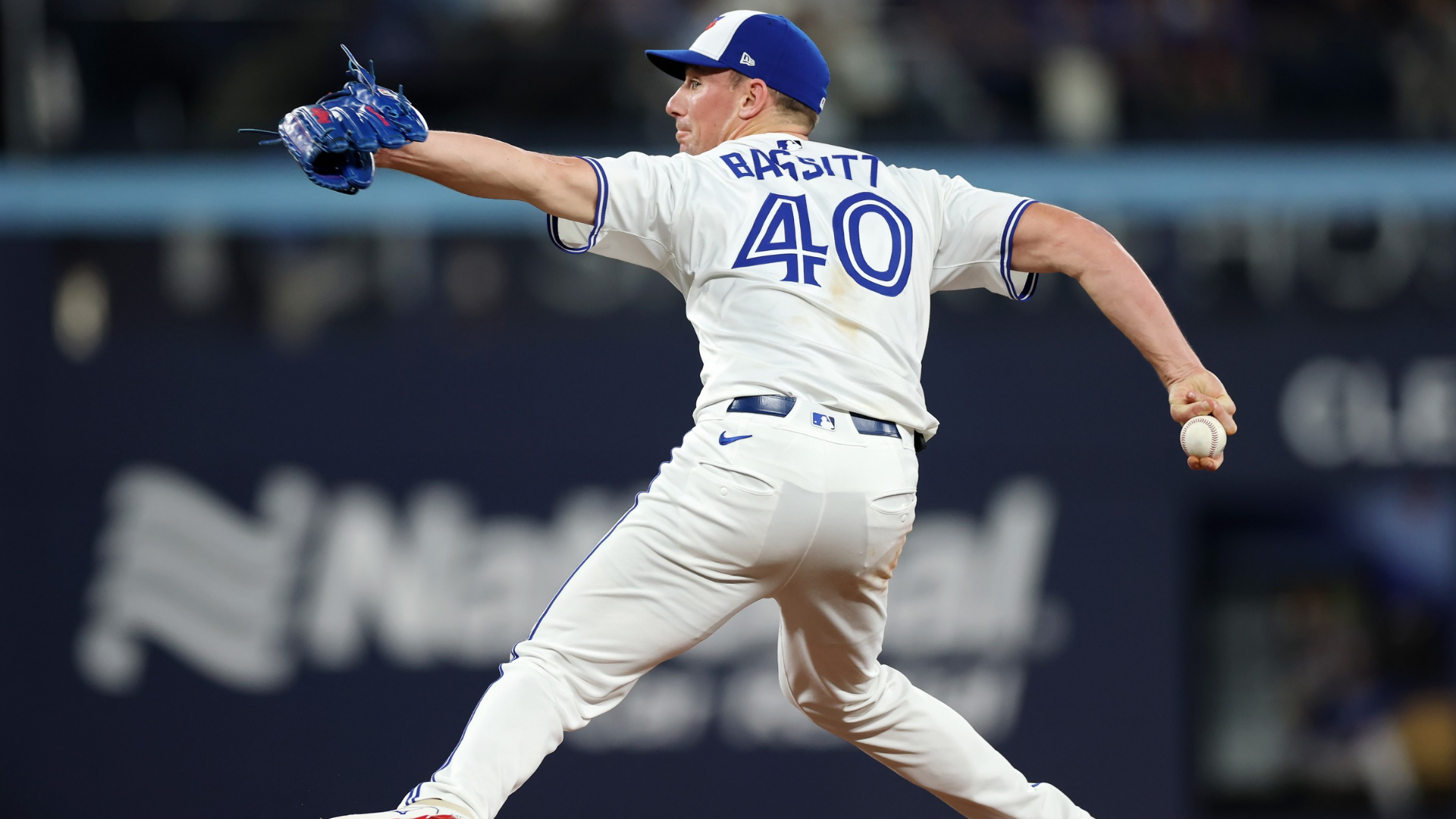 Chris Bassitt #40 of the Toronto Blue Jays pitches against the Los Angeles Dodgers during the ninth inning in game six of the 2025 World Series at Rogers Center on October 31, 2025 in Toronto, Ontario. (Photo by Emilee Chinn/Getty Images)