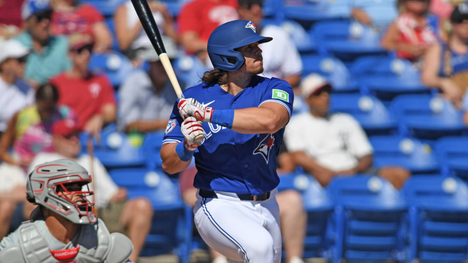 Addison Barger #47 of the Toronto Blue Jays bats during the fourth inning against the Philadelphia Phillies at TD Ballpark on February 21, 2026 in Dunedin, Florida. (Photo by Mark Taylor/Getty Images)