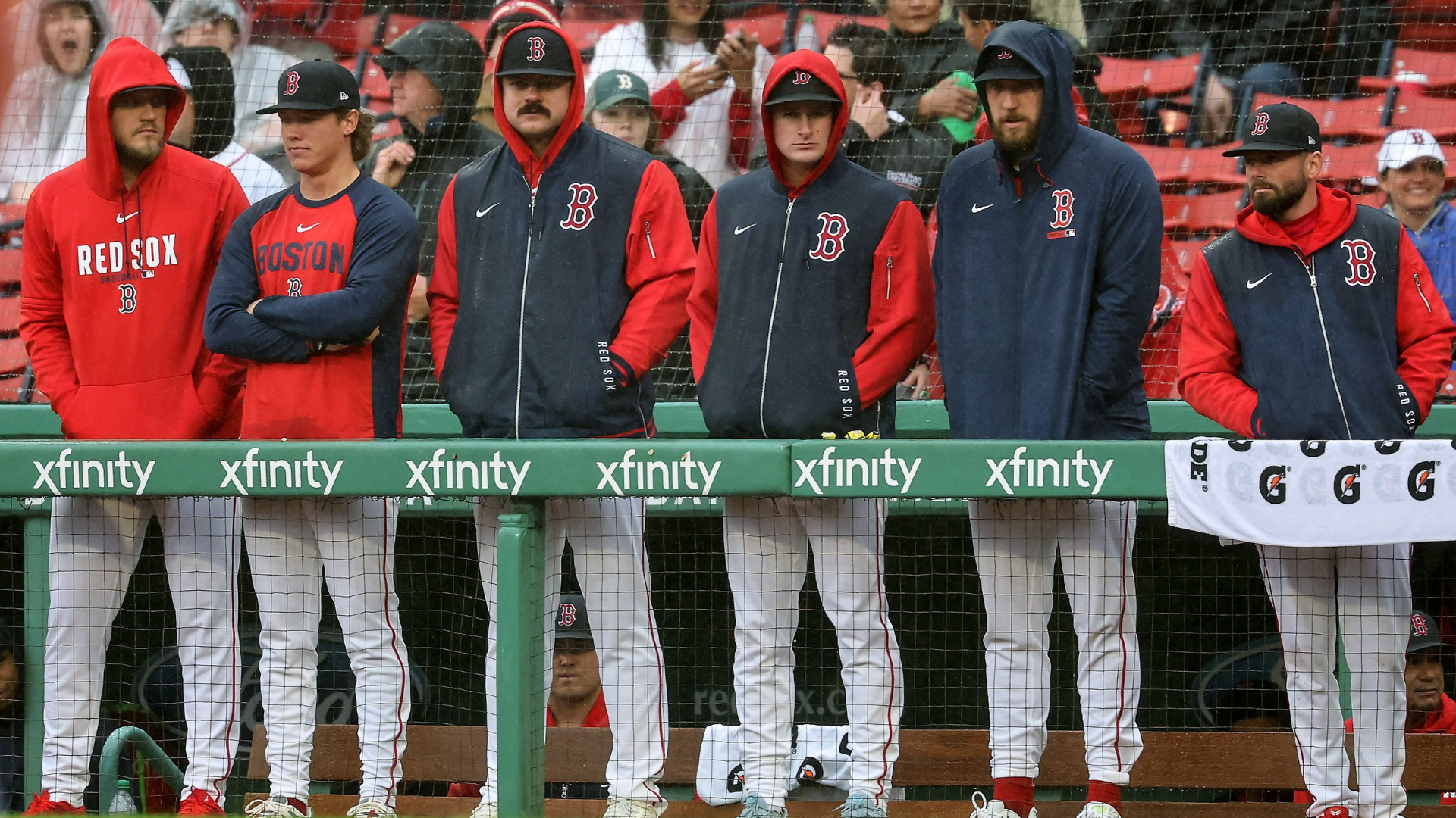 Boston Red Sox players, including Connelly Early #71, second from left, Payton Tolle #70, Roman Anthony #19 and Garrett Crochet #35 stand along the dugout rail during the eighth inning of their 6-5 loss to the Minnesota Twins at Fenway Park on May 24, 2026 in Boston, Massachusetts. (Photo By Winslow Townson/Getty Images)