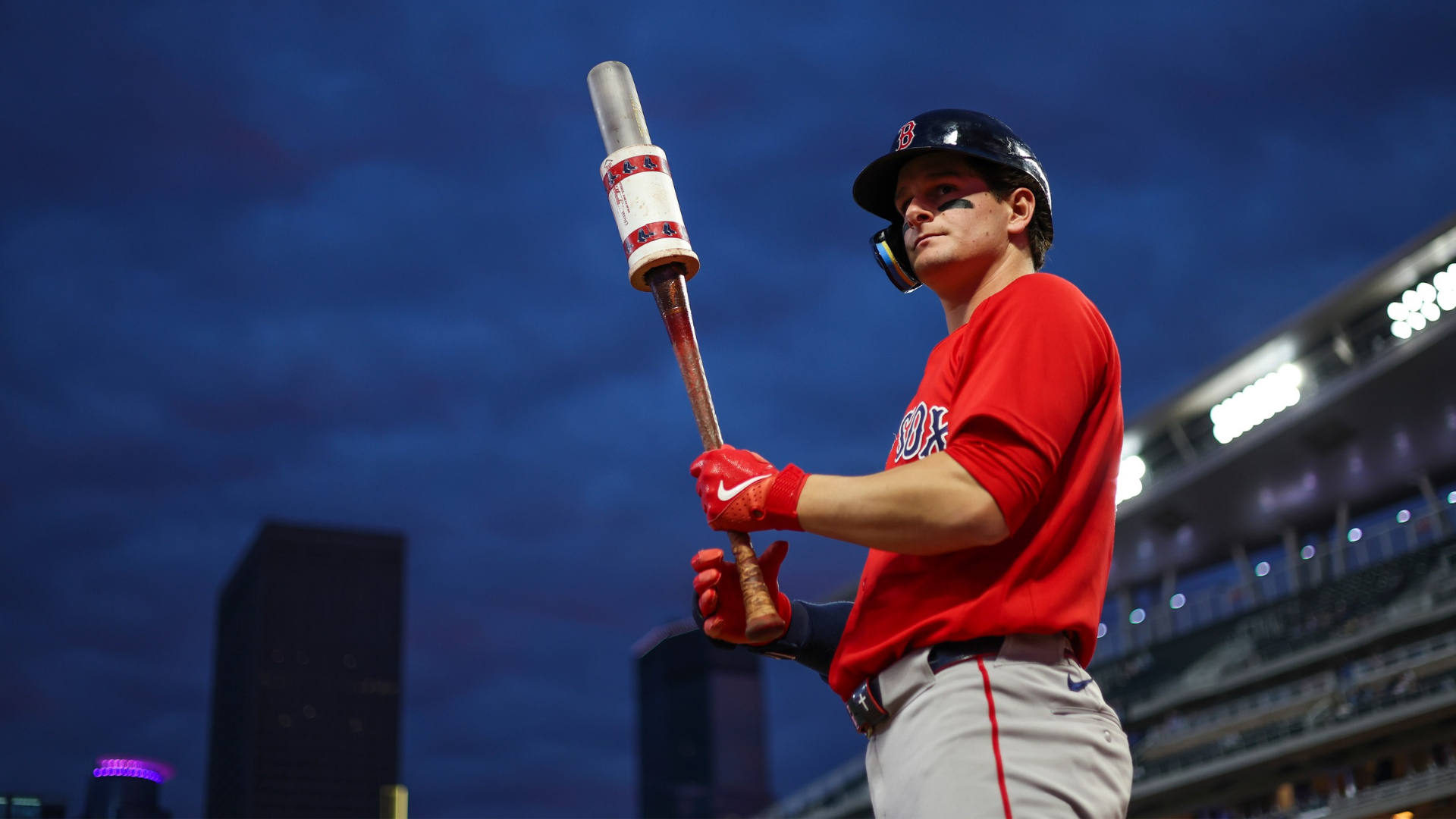 Left fielder Roman Anthony #19 of the Boston Red Sox prepares to bat against the Minnesota Twins in the fifth inning of a game at Target Field on April 14, 2026 in Minneapolis, Minnesota. (Photo by Ellen Schmidt/Getty Images)