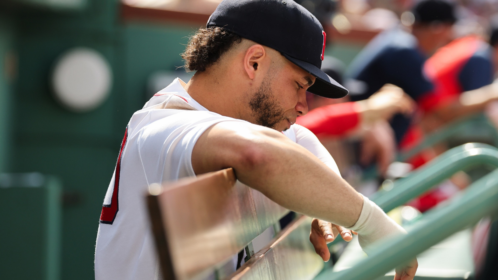 Willson Contreras #40 of the Boston Red Sox in the dugout after being taken out of the game after being hit by a pitch earlier in the game during the eighth inning against the Tampa Bay Rays at Fenway Park on May 10, 2026 in Boston, Massachusetts. (Photo By Winslow Townson/Getty Images)