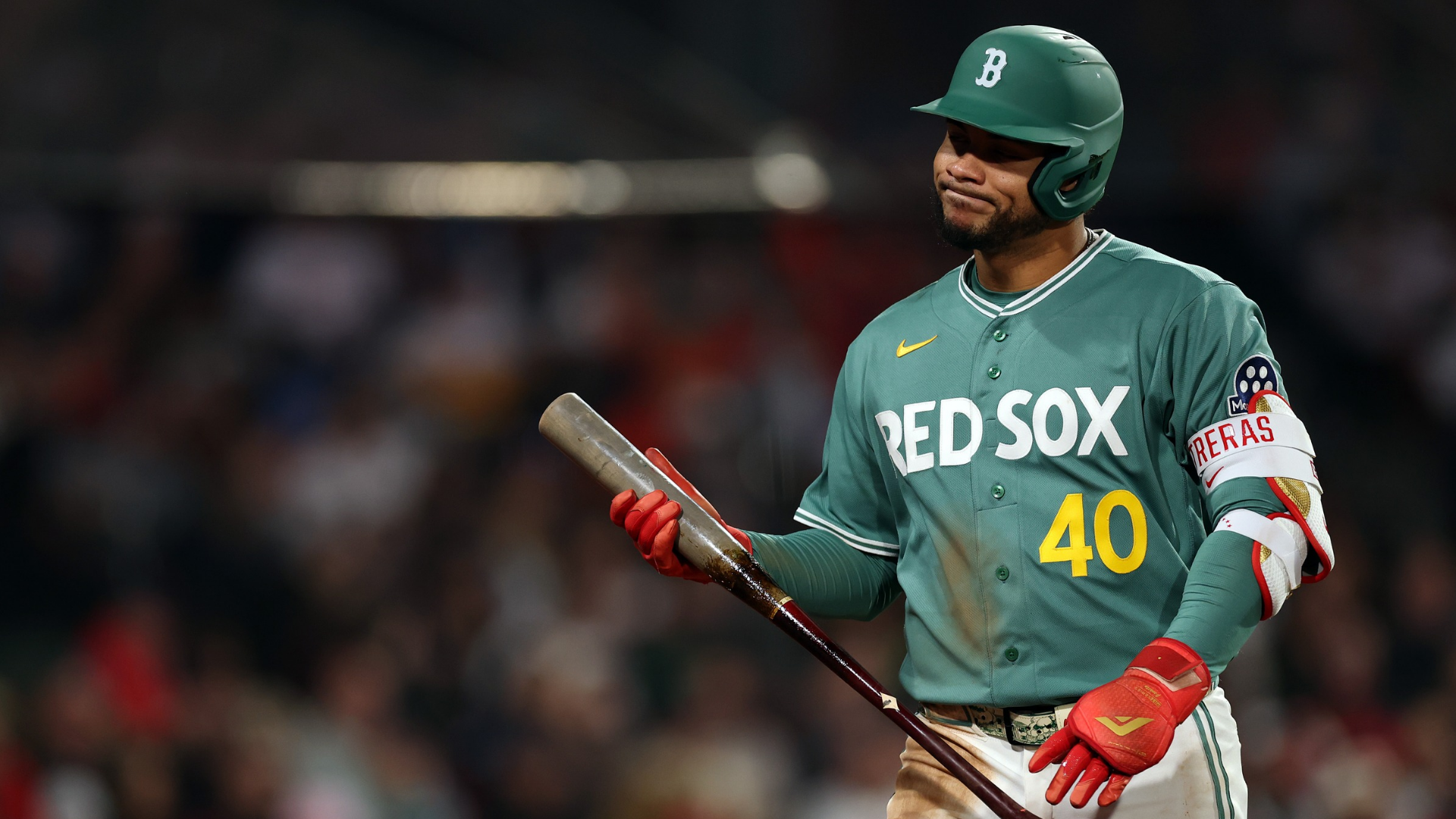 Willson Contreras #40 of the Boston Red Sox reacts after striking out against the Houston Astros during the fifth inning at Fenway Park on May 01, 2026 in Boston, Massachusetts. (Photo by Maddie Meyer/Getty Images)